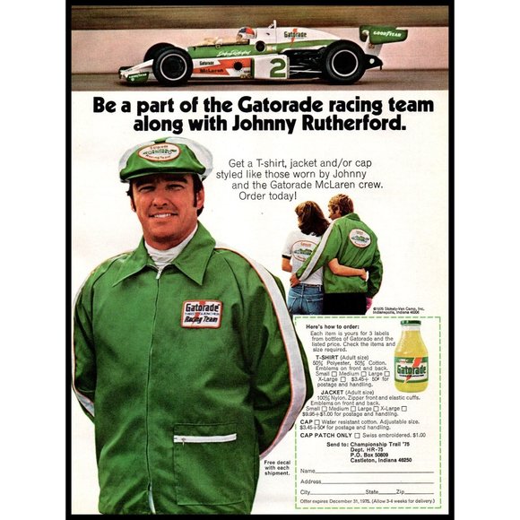 1975 Gatorade Vintage Print Ad Johnny Rutherford McLaren Race Team Wall Art - Picture 1 of 1